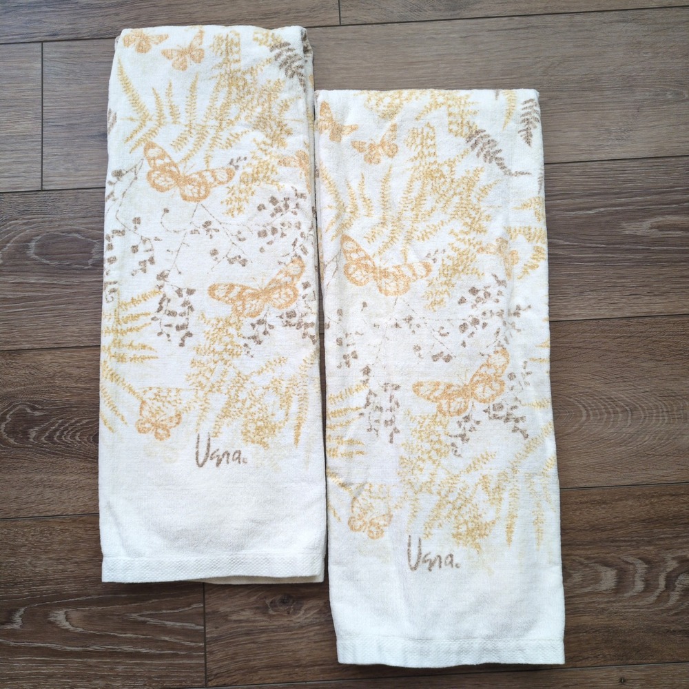 Vtg 70s Vera Neumann Bath Towels White Gold Butterfly Brown Fern MCM Set of 2 - Picture 2 of 9